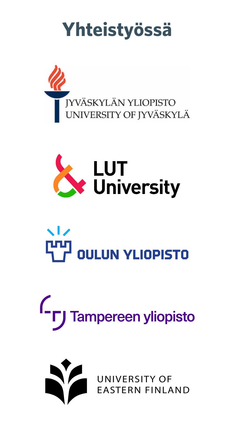 Yhteistyössä Jyväskylän yliopisto, LUT yliopisto, Oulun yliopisto, Tampereen yliopisto, Itä-Suomen yliopisto